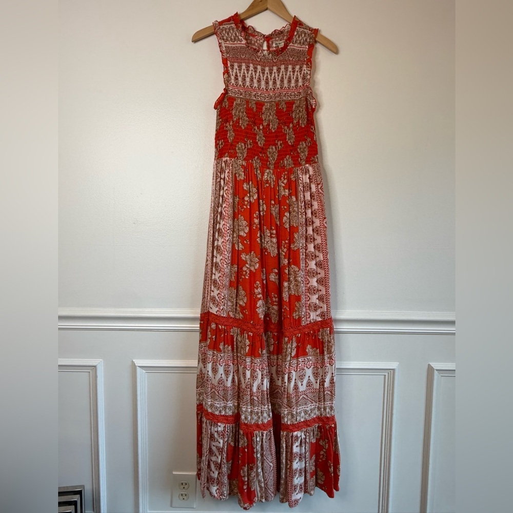 Versona Smocked Modal Floral Full Length Tiered Maxi Dress Orange Womenβs Small - Picture 2 of 9